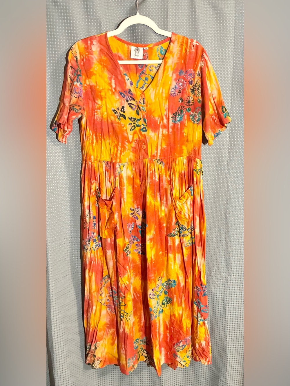 Kings Sz M Tie Dye Butterfly Peasant Dress Baggy Pockets Printed Maxi Festival